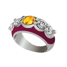 Sitrin ve swarovski 8 ayar beyaz altın yüzük (Bordo kırmızı mineli)