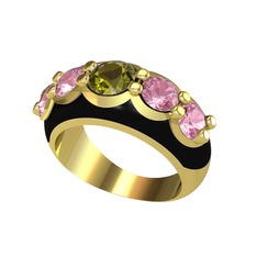 Peridot ve pembe kuvars 925 ayar altın kaplama gümüş yüzük (Siyah mineli)