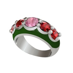 Pembe kuvars ve garnet 8 ayar beyaz altın yüzük (Yeşil mineli)