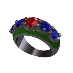 Garnet ve lab safir 925 ayar siyah rodyum kaplama gümüş yüzük (Yeşil mineli)