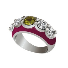 Peridot ve beyaz zirkon 14 ayar beyaz altın yüzük (Bordo kırmızı mineli)