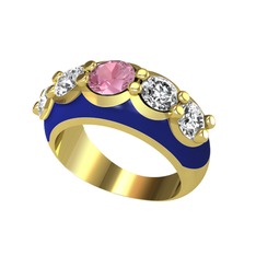 Pembe kuvars ve swarovski 925 ayar altın kaplama gümüş yüzük (Lacivert mineli)