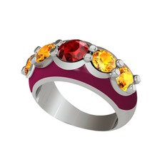 Garnet ve sitrin 14 ayar beyaz altın yüzük (Bordo kırmızı mineli)