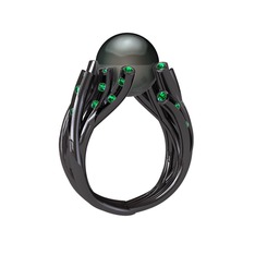Valda İnci Yüzük - Siyah inci ve yeşil kuvars 925 ayar siyah rodyum kaplama gümüş yüzük #1ojhhxv