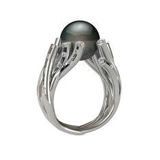 Valda İnci Yüzük - Siyah inci ve swarovski 18 ayar beyaz altın yüzük #2bzflb