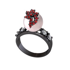 Afra İnci Yüzük - Pembe inci, garnet ve pırlanta 925 ayar siyah rodyum kaplama gümüş yüzük (0.044 karat) #10dqibw