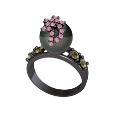 Afra İnci Yüzük - Siyah inci, pembe kuvars ve peridot 925 ayar siyah rodyum kaplama gümüş yüzük #10jjche