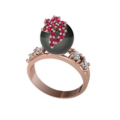 Afra İnci Yüzük - Siyah inci, rodolit garnet ve pırlanta 18 ayar rose altın yüzük (0.044 karat) #10nswns