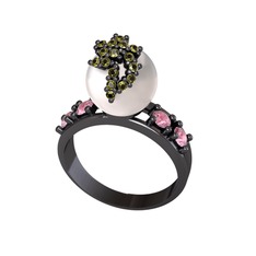 Afra İnci Yüzük - Inci, peridot ve pembe kuvars 925 ayar siyah rodyum kaplama gümüş yüzük #10q728z