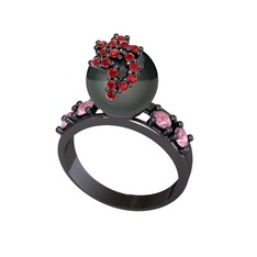 Afra İnci Yüzük - Siyah inci, garnet ve pembe kuvars 925 ayar siyah rodyum kaplama gümüş yüzük #10r7dfg