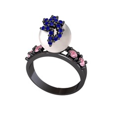 Afra İnci Yüzük - Inci, lab safir ve pembe kuvars 925 ayar siyah rodyum kaplama gümüş yüzük #115ov26