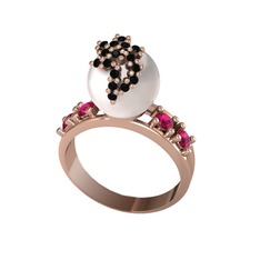Afra İnci Yüzük - Inci, siyah zirkon ve rodolit garnet 18 ayar rose altın yüzük #117ixru