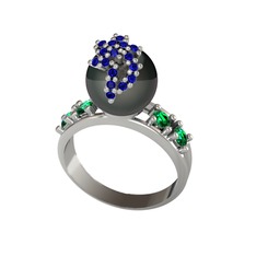 Afra İnci Yüzük - Siyah inci, lab safir ve yeşil kuvars 14 ayar beyaz altın yüzük #11zqm6a