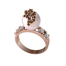 Afra İnci Yüzük - Pembe inci, dumanlı kuvars ve swarovski 18 ayar rose altın yüzük #12pbg04