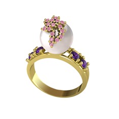 Afra İnci Yüzük - Inci, pembe kuvars ve ametist 8 ayar altın yüzük #12vzvv