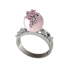 Afra İnci Yüzük - Pembe inci, pembe kuvars ve swarovski 14 ayar beyaz altın yüzük #13mh1x6