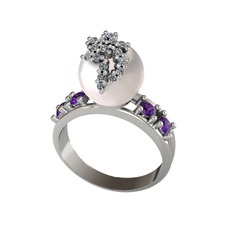 Inci, swarovski ve ametist 8 ayar beyaz altın yüzük