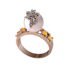 Afra İnci Yüzük - Pembe inci, swarovski ve sitrin 8 ayar rose altın yüzük #14qgkj1