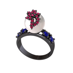 Afra İnci Yüzük - Inci, rodolit garnet ve lab safir 925 ayar siyah rodyum kaplama gümüş yüzük #14wy11f