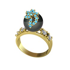 Afra İnci Yüzük - Siyah inci, akuamarin ve pırlanta 14 ayar altın yüzük (0.044 karat) #15i0us4