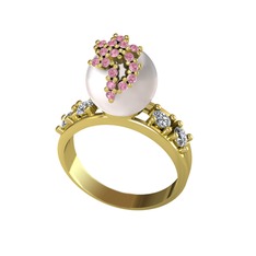 Inci, pembe kuvars ve swarovski 8 ayar altın yüzük