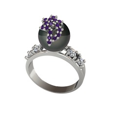 Afra İnci Yüzük - Siyah inci, ametist ve pırlanta 18 ayar beyaz altın yüzük (0.044 karat) #15vwof2