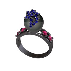 Afra İnci Yüzük - Siyah inci, lab safir ve rodolit garnet 925 ayar siyah rodyum kaplama gümüş yüzük #1605bmi