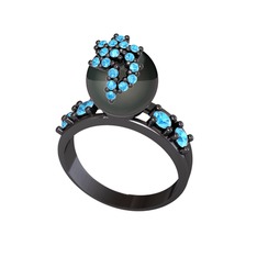 Afra İnci Yüzük - Siyah inci ve akuamarin 925 ayar siyah rodyum kaplama gümüş yüzük #163nerp