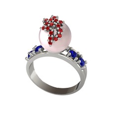 Afra İnci Yüzük - Pembe inci, garnet ve lab safir 14 ayar beyaz altın yüzük #16az07h