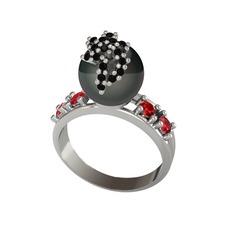 Afra İnci Yüzük - Siyah inci, siyah zirkon ve garnet 14 ayar beyaz altın yüzük #16k18za