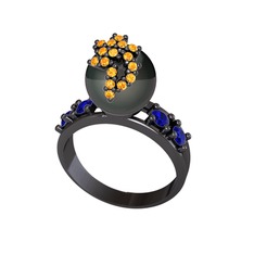 Afra İnci Yüzük - Siyah inci, sitrin ve lab safir 925 ayar siyah rodyum kaplama gümüş yüzük #16mg0d9