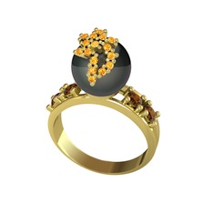 Afra İnci Yüzük - Siyah inci, sitrin ve dumanlı kuvars 18 ayar altın yüzük #16mpc9n