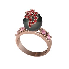 Siyah inci, garnet ve pembe kuvars 14 ayar rose altın yüzük