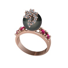 Siyah inci, pırlanta ve rodolit garnet 8 ayar rose altın yüzük (0.176 karat)