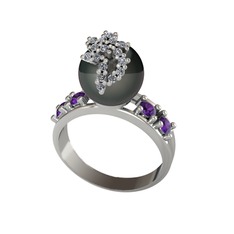 Afra İnci Yüzük - Siyah inci, swarovski ve ametist 8 ayar beyaz altın yüzük #174k6gz