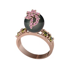 Siyah inci, pembe kuvars ve peridot 14 ayar rose altın yüzük