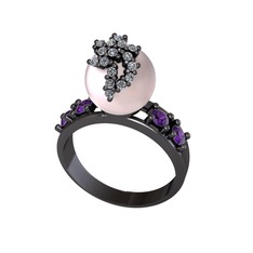 Pembe inci, swarovski ve ametist 925 ayar siyah rodyum kaplama gümüş yüzük