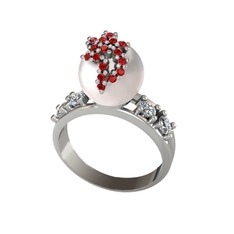 Inci, garnet ve swarovski 14 ayar beyaz altın yüzük