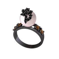 Pembe inci, siyah zirkon ve dumanlı kuvars 925 ayar siyah rodyum kaplama gümüş yüzük