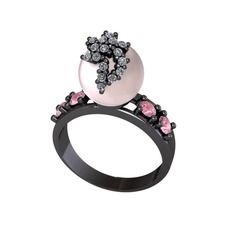 Afra İnci Yüzük - Pembe inci, swarovski ve pembe kuvars 925 ayar siyah rodyum kaplama gümüş yüzük #191rlir