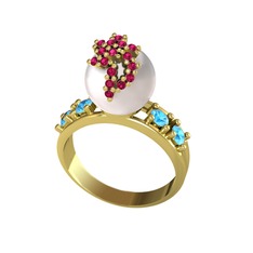 Afra İnci Yüzük - Inci, rodolit garnet ve akuamarin 925 ayar altın kaplama gümüş yüzük #19dr0up