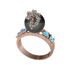 Afra İnci Yüzük - Siyah inci, beyaz zirkon ve akuamarin 925 ayar rose altın kaplama gümüş yüzük #19ln56p