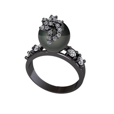 Afra İnci Yüzük - Siyah inci, swarovski ve pırlanta 925 ayar siyah rodyum kaplama gümüş yüzük (0.044 karat) #19ugapv