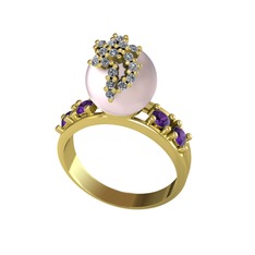 Afra İnci Yüzük - Pembe inci, pırlanta ve ametist 18 ayar altın yüzük (0.176 karat) #19x4ved