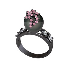 Afra İnci Yüzük - Siyah inci, pembe kuvars ve pırlanta 925 ayar siyah rodyum kaplama gümüş yüzük (0.044 karat) #1a59z09