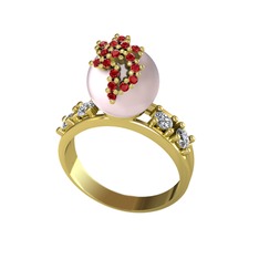 Afra İnci Yüzük - Pembe inci, garnet ve swarovski 18 ayar altın yüzük #1a9vh35