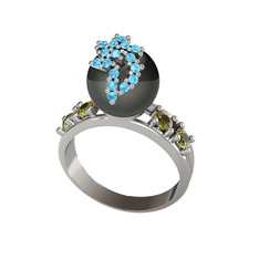 Afra İnci Yüzük - Siyah inci, akuamarin ve peridot 8 ayar beyaz altın yüzük #1aj2624