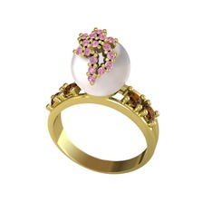Inci, pembe kuvars ve dumanlı kuvars 14 ayar altın yüzük