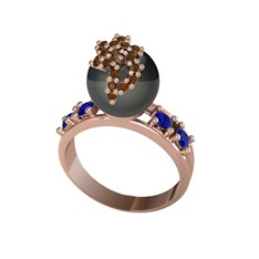 Siyah inci, dumanlı kuvars ve lab safir 8 ayar rose altın yüzük