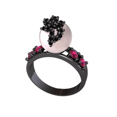 Afra İnci Yüzük - Pembe inci, siyah zirkon ve rodolit garnet 925 ayar siyah rodyum kaplama gümüş yüzük #1az2oqu